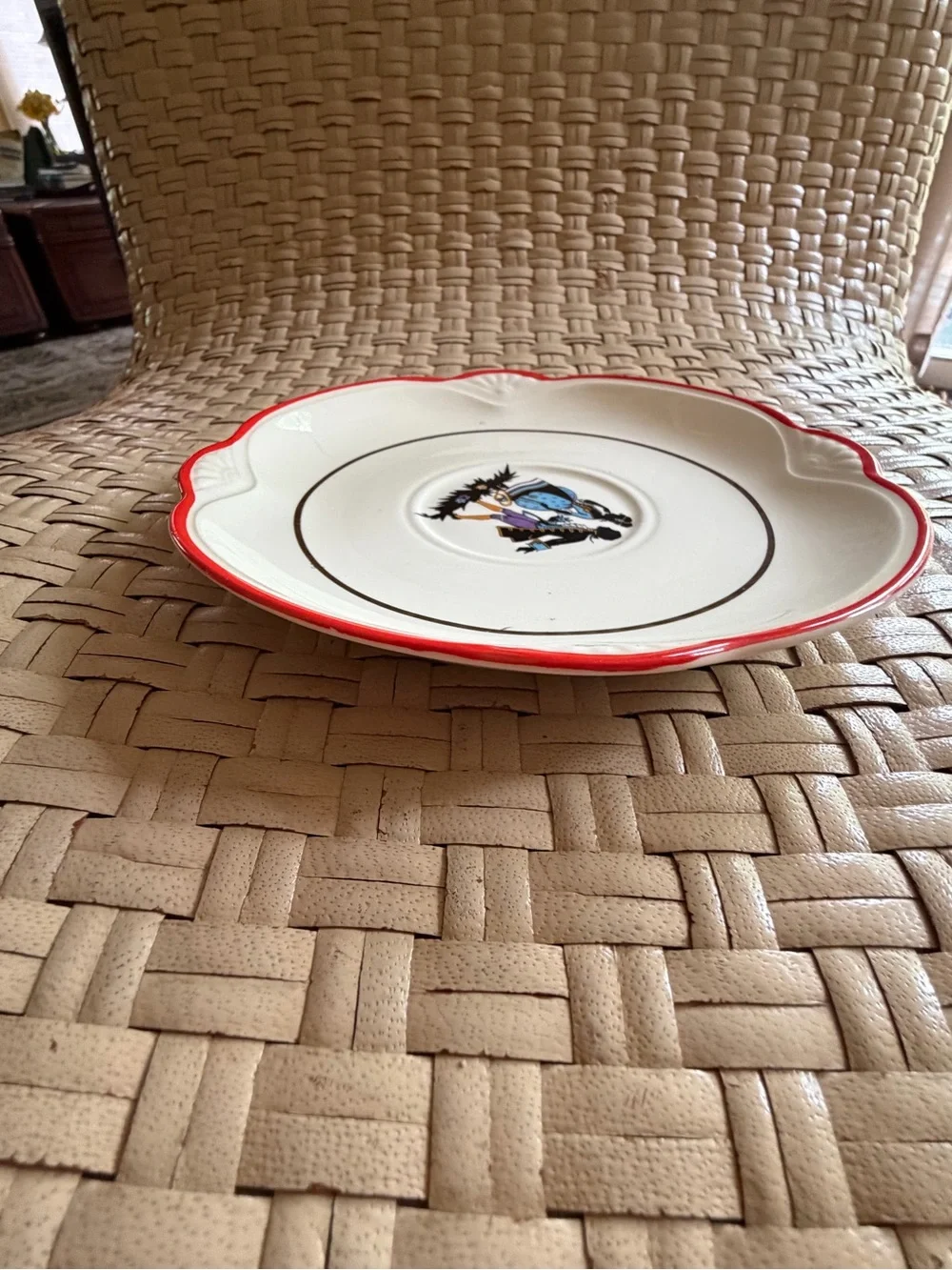 Vintage Homer Laughlin Red Rim Porcelain Dish with Romantic Couple Motif